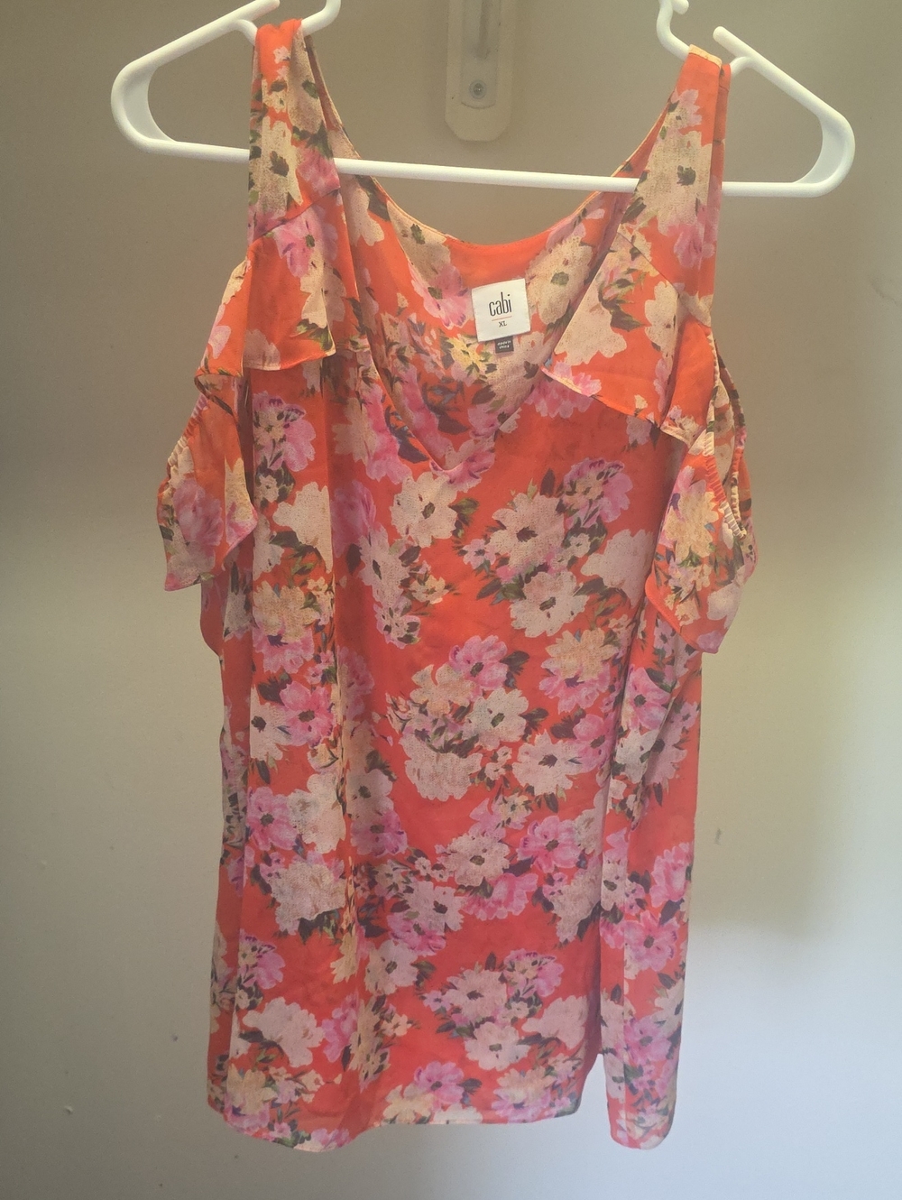 CAbi Coral Floral Cold-Shoulder Top